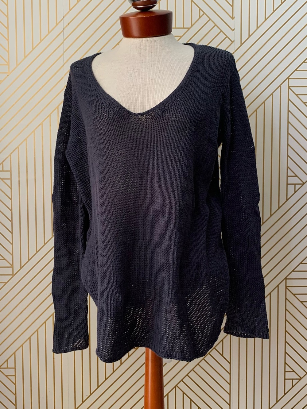 Wooden Ships Cotton blend V neck Lagenlook boho open knit ribbed coastal sweater